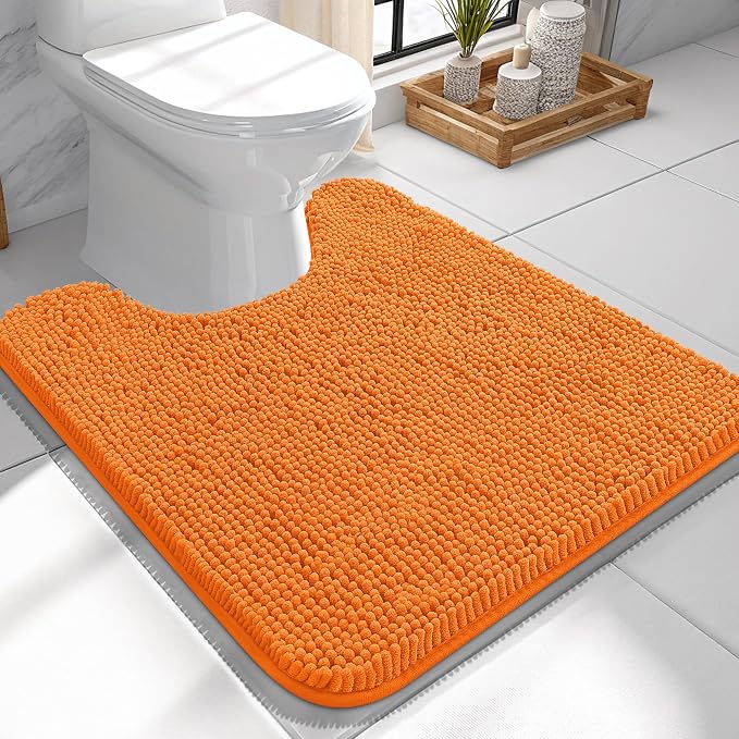 OLANLY Toilet Rugs U-Shaped 24x24, Soft Absorbent Chenille Contour Rugs | Orange, Quick-Drying Rubber Backing, Machine Washable Non-Slip Shaggy Bathroom Mat for Toilet, Home Decor Accessories