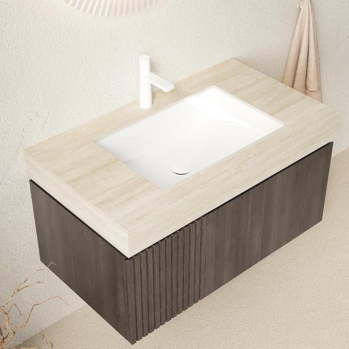 Ambrovina 36" Floating Bathroom Vanity with Sink, Modern Plywood Storage Vanities with Drawer and Door, Roma Travertine-Pattern Countertop and Ceramic Basin, Pre-Assembled Cabinet, Espresso Woodgrain
