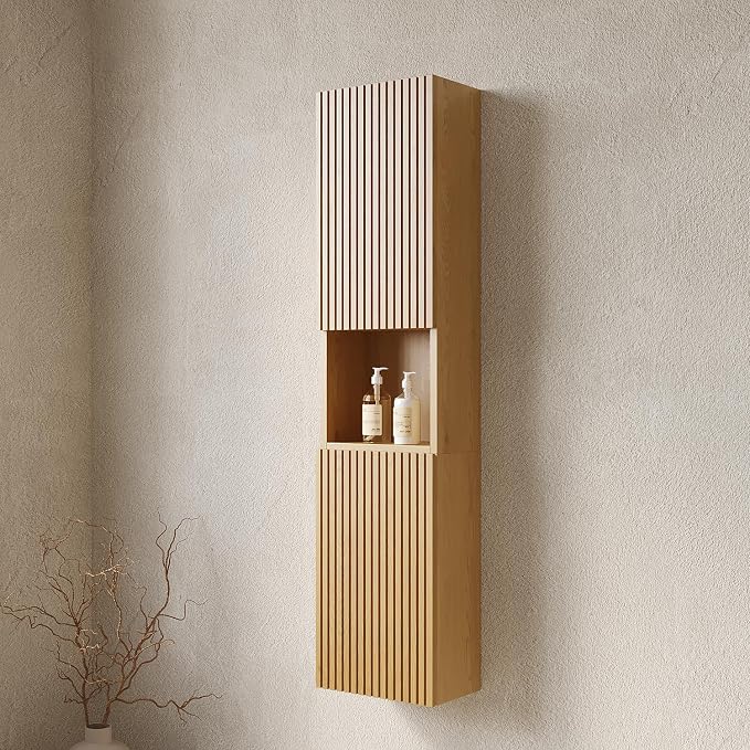 KEIKI Bathroom Wall Cabinet with Soft-Close Doors & Open Shelf, Golden Oak | Premium Wood Medicine Cabinet, Narrow Storage Cabinet for Bathroom Kitchen Laundry Room