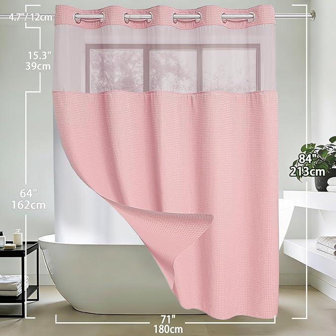 Conbo Mio Extra Long No Hook Waffle Weave Shower Curtain with Snap in Liner Set, Hotel Luxury Pink Shower Curtains for Bathroom with See Through Top Window, Waterproof, Washable 71W x 84H