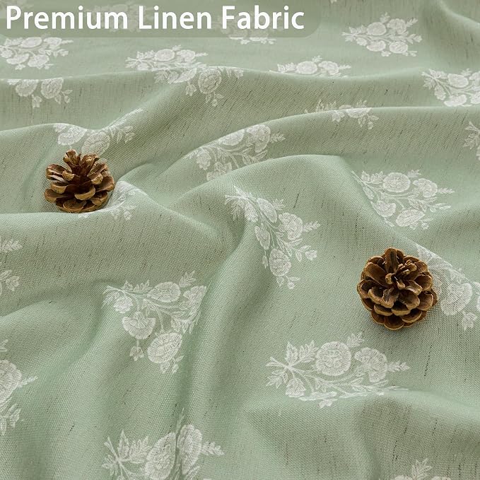 ORTIGIA Linen Textured Ruffle Shower Curtain with Metal Hooks, Green Vintage Block Print Floral Boho Waterproof Bath Curtain for Rustic Farmhouse Bathroom Decor 72x72 Inch