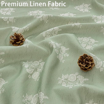 ORTIGIA Linen Textured Ruffle Shower Curtain with Metal Hooks, Green Vintage Block Print Floral Boho Waterproof Bath Curtain for Rustic Farmhouse Bathroom Decor 72x72 Inch