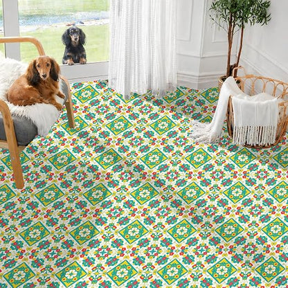 Teal Yellow Floral Peel and Stick Floor Tiles 12x12 Inch 10PCS | Teal yellow orange floral geometric pattern vinyl floor stickers for kitchen bathroom entryway and indoor home decor