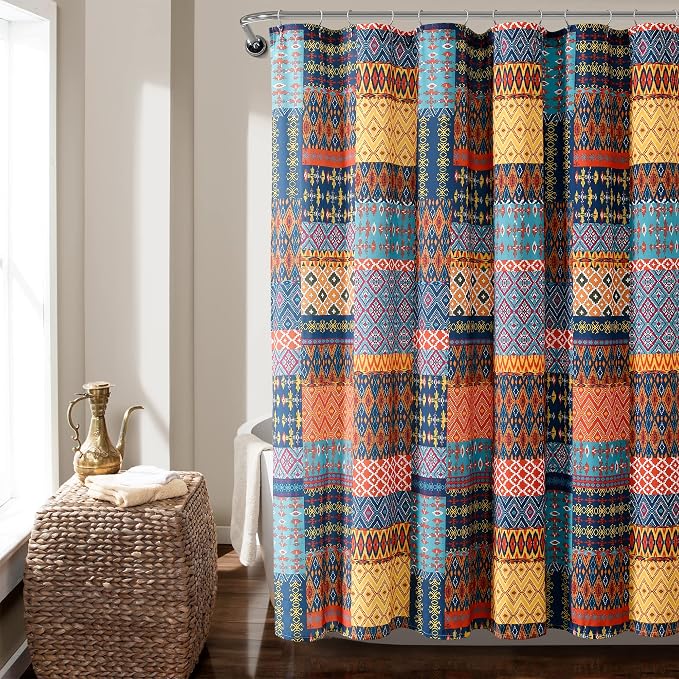 Lush Decor Misha Shower Curtain Single 72" W x 72" L Multi - Fabric Shower Curtains for Bathroom - Patchwork Bathroom Curtain - Colorful Boho Decor