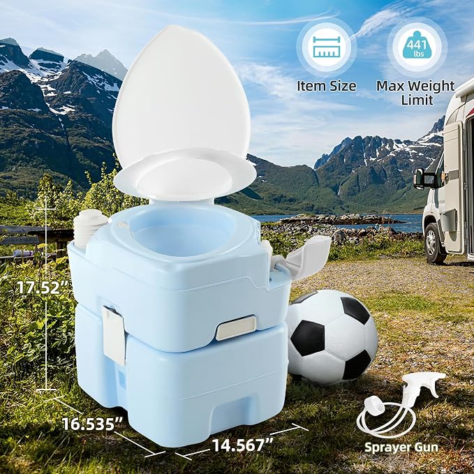 YITAMOTOR 5.28 Gallon Portable Toilet for Camping, RV Toilet with Diagonal Elongated Bowl Seat, Porta Potty with Hand Sprayer, Leak-Proof for Adults, RV Travel, Hospital, Boat, Trip, Home, Light Blue