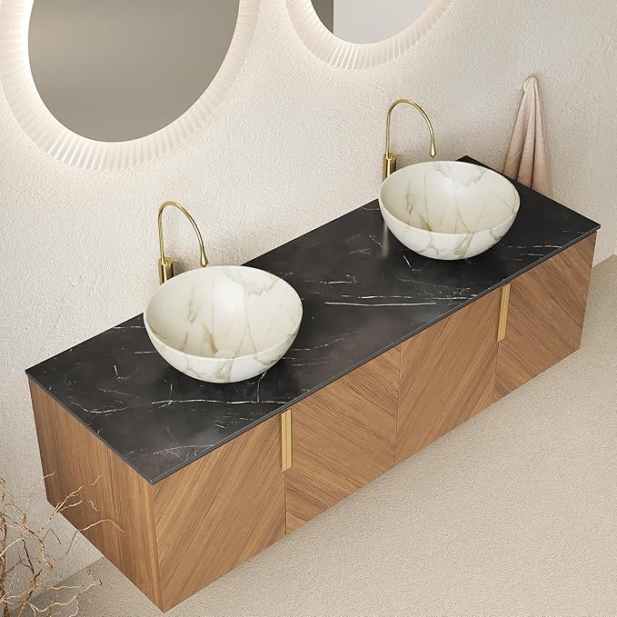 60" Double Sink Bathroom Vanity with Sink Combo, Floating Vanity with Vessel Sink, Wall-Mounted Plywood Bathroom Vanity Storage Cabinet with 4 Doors & 2 Bowl Basin, Brown Oak