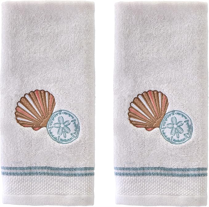 SKL Home Shells Hand Towel Set-2pc, 100% Cotton, Embroidered, White | Soft, decorative velour. For use in the bathroom, kitchen or bar. Great for Airbnb, beach homes & coastal décor