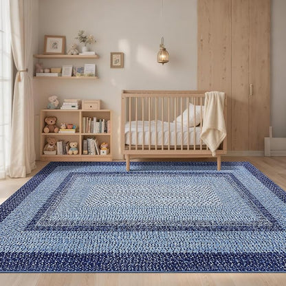 Printed Washable Rugs 10x13 Area Rug for Living Room Modern Bedroom Rug Blue Braided Soft Large Area Rug Non Slip Throw Rugs Stain Resistant Carpet for Nursery Dining Room 10'x13' Navy Blue
