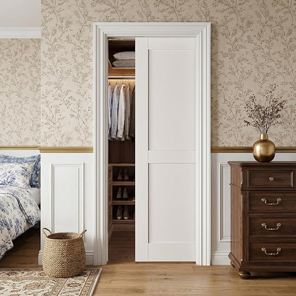 SMARTSTANDARD 32" x 80" Sliding Pocket Interior Door, Solid Core Door Slab | 2-Panel Pre-Assembled Door Slab with Soft Close Pocket Door Frame Kit, Easy Install, Durable and Smooth
