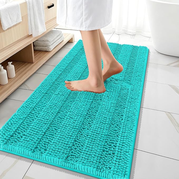 OLANLY Thick Bathroom Runner Rugs 47x20, Soft Chenille Long Bath Rugs, Teal | Absorbent Striped, Rubber Backing, Machine Wash, Bath Mats for Bathroom Floor, Tub and Shower, Home Decor Accessories
