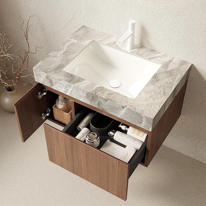 KEIKI 30 Inch Floating Bathroom Vanity with Sink, Modern Wall Mounted Storage Cabinet with Drawer, Pre-Assembled Waterproof Wood Panels, Sintered Stone Top & Ceramic Basin Combo Set, Brown Oak & Grey