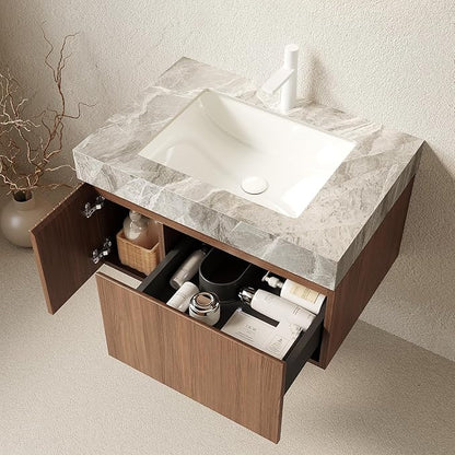 KEIKI 30 Inch Floating Bathroom Vanity with Sink, Modern Wall Mounted Storage Cabinet with Drawer, Pre-Assembled Waterproof Wood Panels, Sintered Stone Top & Ceramic Basin Combo Set, Brown Oak & Grey