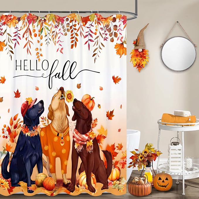 Fall Shower Curtain Set Autumn Pumpkin Leaves Dog Shower Curtains Rustic Waterproof Fabric Bath Curtains with 12 Hooks for Fall Home Bathroom Decor, 72 x 72 Inches