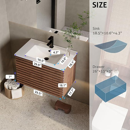 eclife 30" Floating Bathroom Vanity with Sink Combo Mid-Century Wall Mounted Cabinet with Wood Stripes Decor, Drawers, Undermount Single Sink, Faucet, Drain, Cocoa Brown