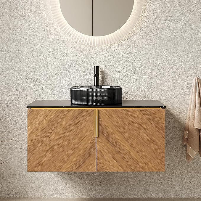 36 Inch Bathroom Vanity with Sink Combo, Floating Vanity Bathroom with Vessel Sink, Modern Bathroom Vanity Cabinet with Doors, Sintered Stone Countertop and Glass Sink,Brown Oak