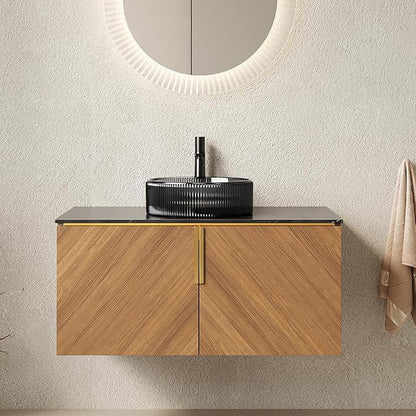 36 Inch Bathroom Vanity with Sink Combo, Floating Vanity Bathroom with Vessel Sink, Modern Bathroom Vanity Cabinet with Doors, Sintered Stone Countertop and Glass Sink,Brown Oak