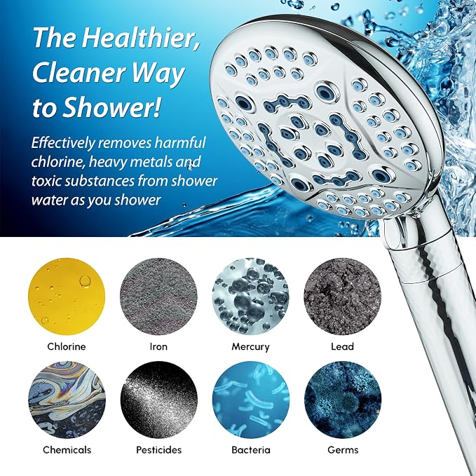 AquaCare 4X 10-Mode High Pressure Hand Shower w/Filter & 2-mode Power Wash | Filters Chlorine & Toxins, Softens Hard Water for Healthy Skin & Hair. Handheld Power Head Cleans Tub, Tile & Pets / Chrome