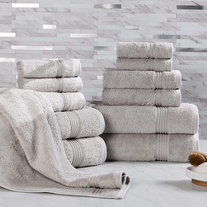 Superior Egyptian Cotton 12-Piece Towel Set, Assorted Towels for Home Bathroom, Guest Bath Decor Essentials, Includes 4 Bath, 4 Hand, 4 Face Towels/Washcloths, Quick Dry, Absorbent - Silver