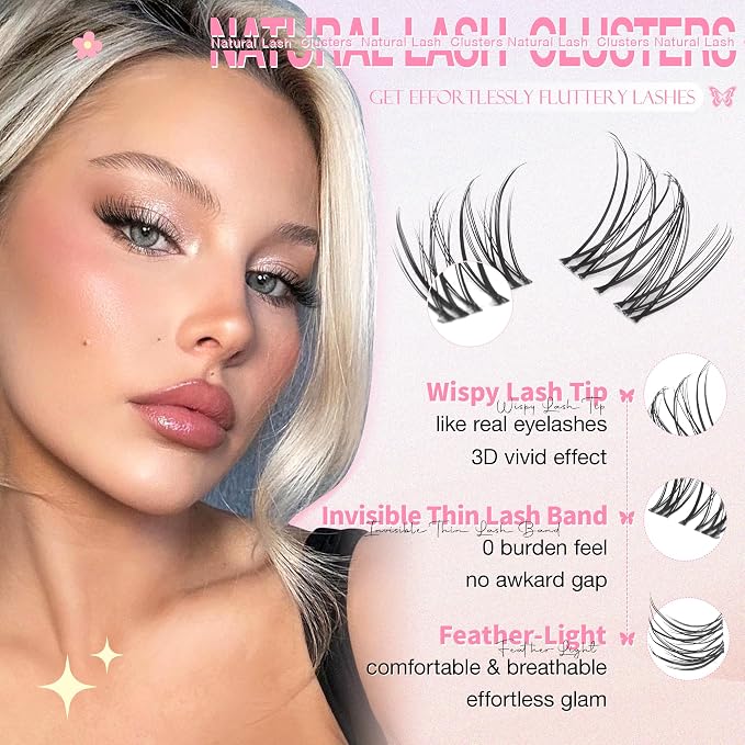 Natural Lash Clusters Wispy Eyelash Clusters DIY Lash Extension with 5-6mm Bottom Lashes 8-16mm Venus Individual Lashes Invisible Band Lash Cluster Eyelash Extensions for Natural Look by Wtvane