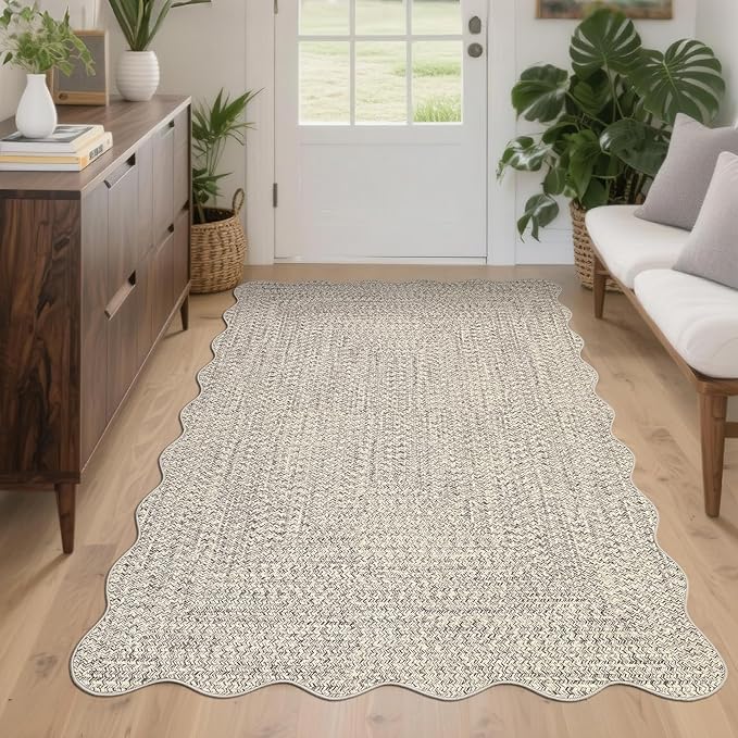 Imitation Braided Collection-Print Washable Area Rug 3x5 Scalloped Entryway Rug with Non Slip Rubber Backing, Farmhouse Soft Low Pile Rustic Accent Rug for Living Room Bedroom Playroom