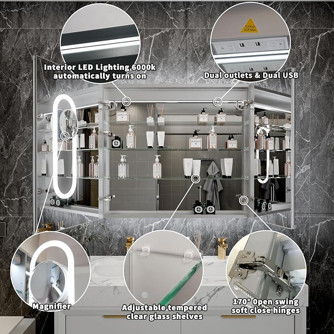32x36 Lighted Medicine Cabinet with Mirror & Magnifier, LED Medicine Cabinet Mirror for Bathroom, Dimmable, Adjustable Color Temp, Defogger, Front&Backlit, Built-in Outlets, Soft Close DTC Hinges