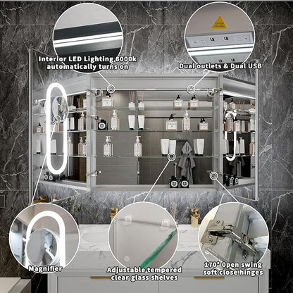 32x36 Lighted Medicine Cabinet with Mirror & Magnifier, LED Medicine Cabinet Mirror for Bathroom, Dimmable, Adjustable Color Temp, Defogger, Front&Backlit, Built-in Outlets, Soft Close DTC Hinges
