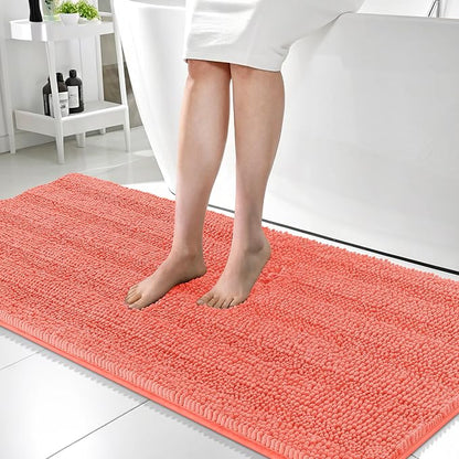 OLANLY Thick Bathroom Runner Rugs 59x24, Chenille Long Bath Rugs, Coral | Soft Absorbent Striped, Rubber Backing, Machine Wash, Bath Mats for Bathroom Floor, Tub and Shower, Home Decor Accessories