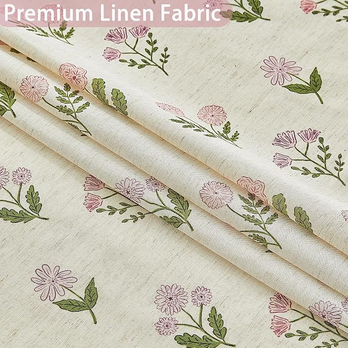 ORTIGIA Linen Textured Ruffle Shower Curtain 72x72 Inch with Metal Hooks, Vintage Pink Floral Flowers Block Print Boho Waterproof Bath Curtain for Rustic Farmhouse Bathroom Decor