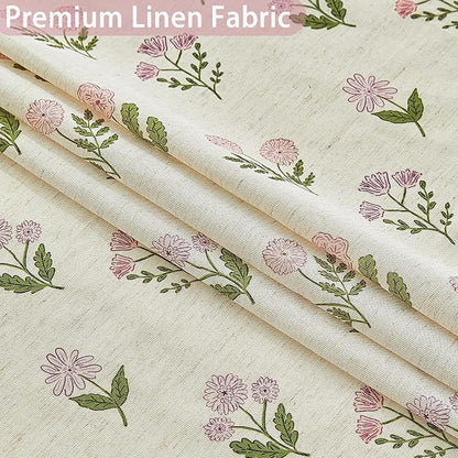 ORTIGIA Linen Textured Ruffle Shower Curtain 72x72 Inch with Metal Hooks, Vintage Pink Floral Flowers Block Print Boho Waterproof Bath Curtain for Rustic Farmhouse Bathroom Decor