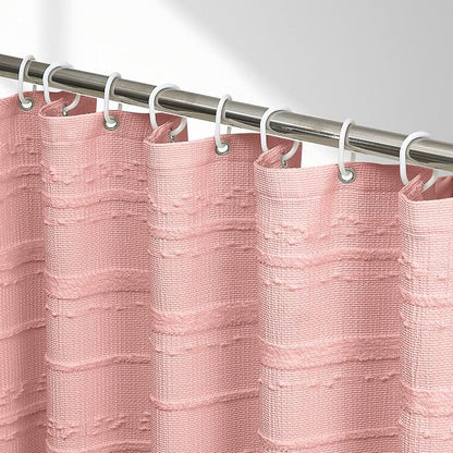 Pink Shower Curtain Boho, 72 x 84 Cotton Blend Waffle Weave Stripe Textured Heavy Duty, Fabric Shower Curtain for Bathroom, Hotel, Washable