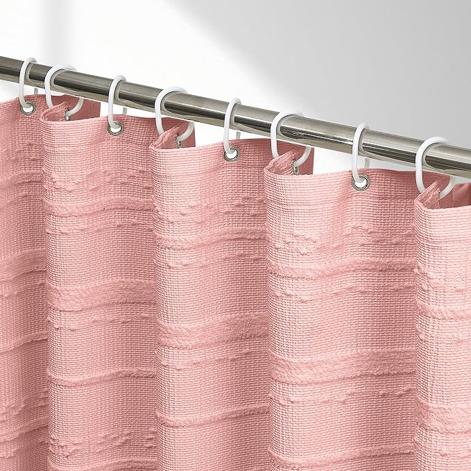 Pink Shower Curtain Boho, 72 x 78 Cotton Blend Waffle Weave Stripe Textured Heavy Duty, Fabric Shower Curtain for Bathroom, Hotel, Washable