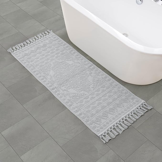 French Connection Nellore Bathroom Rugs, Woven and Beaded Bathroom Mats, Durable Bath Rugs, Thick Bath Mats for Bathroom and Shower Rugs, 24" x 64", Light Grey