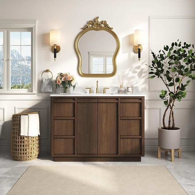48" Fully Assembled Bathroom Vanity with Sink, Dark Brown | Solid Wood Frame Vanity with Engineered Stone Top & Backsplash, Ceramic Sink, 6 Full-Extension Drawers & 2 Soft-Close Doors