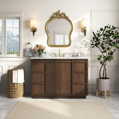 48" Fully Assembled Bathroom Vanity with Sink, Dark Brown | Solid Wood Frame Vanity with Engineered Stone Top & Backsplash, Ceramic Sink, 6 Full-Extension Drawers & 2 Soft-Close Doors