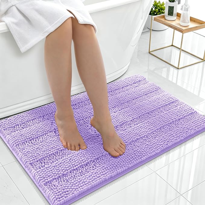 Smiry Thick Chenille Bathroom Rugs 36x24, Soft Absorbent Bath Mat, Lavender | Quick‑Dry & Machine Washable, Non‑Slip Bath Carpet, Striped Bath Rugs for Tub & Shower, Modern Home Decor Accessories