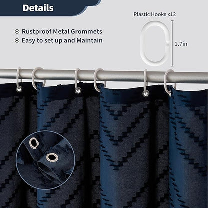 Siiluminisoy Extra Long Boho Navy Blue Shower Curtain, Woven Fabric Shower Curtain, Tufted Chevron Striped, 72 x 78, Modern Chic Textured Minimalist Bathroom Cloth Shower Curtains