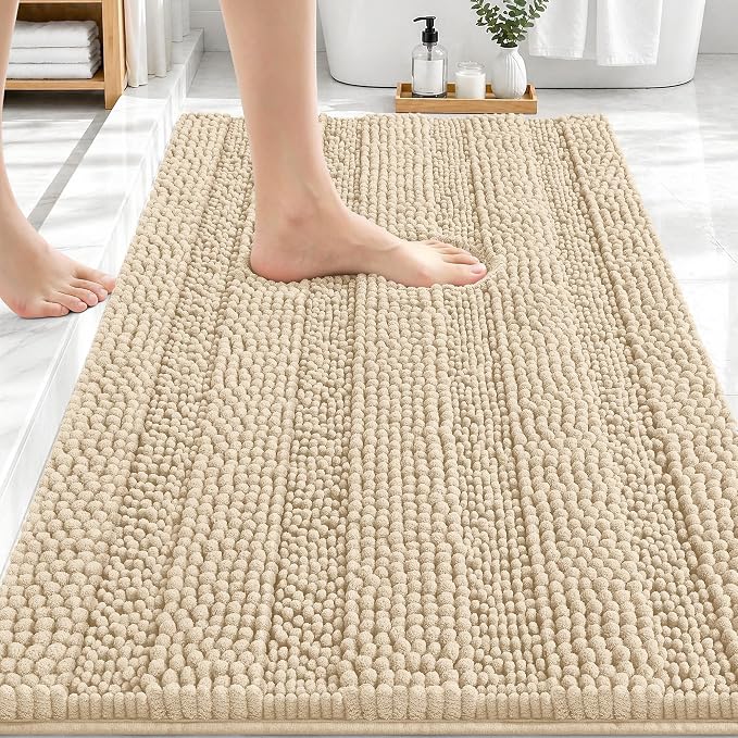 OLANLY Thick Bathroom Rugs 30x20, Soft Chenille Striped Bath Rugs, Beige | Rubber Backing, Machine Wash, Extra Absorbent Bath Mats for Bathroom Floor, Tub and Shower, Home Decor Accessories