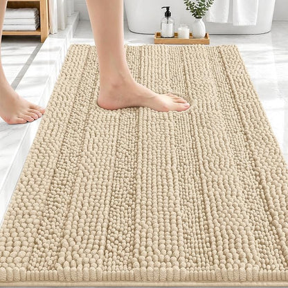 OLANLY Thick Bathroom Rugs 30x20, Soft Chenille Striped Bath Rugs, Beige | Rubber Backing, Machine Wash, Extra Absorbent Bath Mats for Bathroom Floor, Tub and Shower, Home Decor Accessories