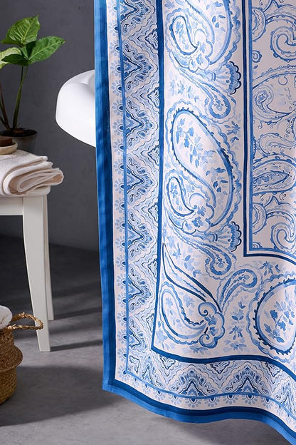 Maison d' Hermine Shower Curtain 100% Cotton One Panel 70"x72" Washable Fabric Shower Curtains for Bathroom, Easy Hanging with 12 Button Holes -Hotel Spa Easter Gifts (Palatial Paisley - Blue)