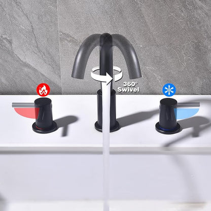 Black 3 Hole Bathroom Faucet, 8 in Matte Black Widespread Bathroom Sink Faucet with Pop Up Drain and Supply Lines, Stainless Steel 2 Handle Black Faucet for Vanity