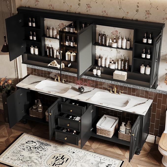 Double Sink Bathroom Vanity, Luxurious Bathroom Vanity with LED Smart Defog Mirror, Solid Freestanding Wood Vanity Sink Cabinet