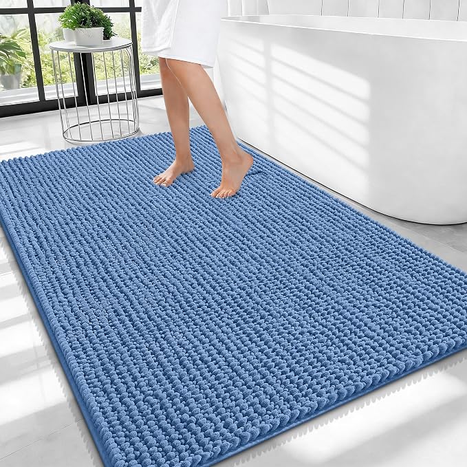 OLANLY Thick Chenille Large Bathroom Rugs Mats 40x32, Cornflower Blue | Soft Absorbent Bath Rugs, Rubber Backing, Machine Wash Dry, Bath Mats for Bathroom, Tub and Shower, Home Decor Accessories