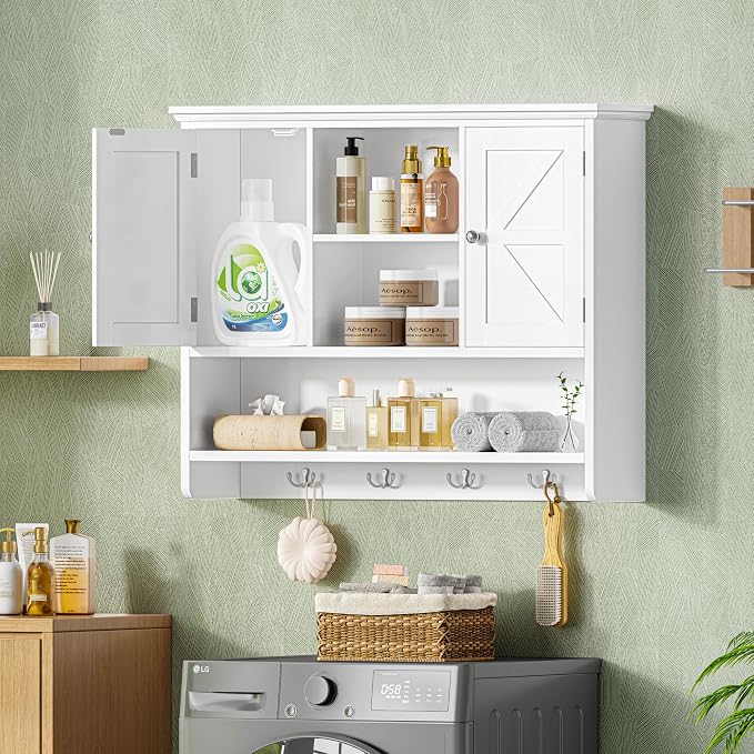 Bathroom Wall Cabinet with Doors and Hooks, 3-Tier Wall Mounted Cabinet | Farmhouse Medicine Cabinet with 3 Open Shelves, Over the Toilet Storage Cabinet for Kitchen, Laundry Room, Living Room, White