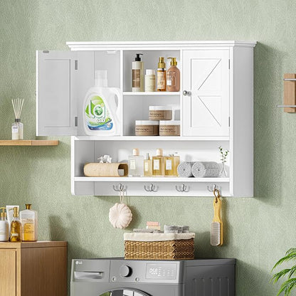 Bathroom Wall Cabinet with Doors and Hooks, 3-Tier Wall Mounted Cabinet | Farmhouse Medicine Cabinet with 3 Open Shelves, Over the Toilet Storage Cabinet for Kitchen, Laundry Room, Living Room, White