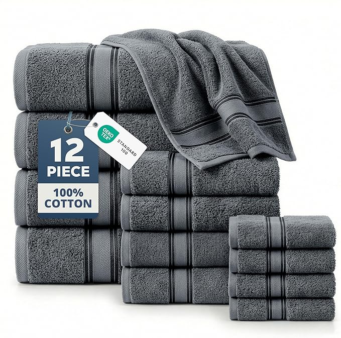 LANE LINEN Towel Set Soft Absorbent Quick Dry 100% Cotton - Cool Grey | Cotton Bath Towels - Lightweight & Breathable, Fade-Resistant Color, Classic Terry Weave, Densely Woven, Coordinated Colors