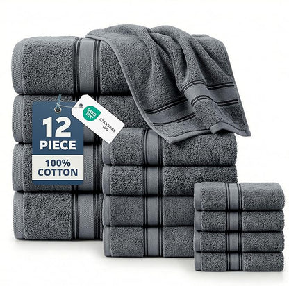 LANE LINEN Towel Set Soft Absorbent Quick Dry 100% Cotton - Cool Grey | Cotton Bath Towels - Lightweight & Breathable, Fade-Resistant Color, Classic Terry Weave, Densely Woven, Coordinated Colors