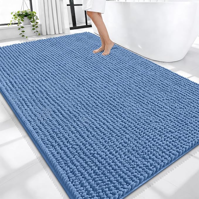 OLANLY Thick Chenille Large Bathroom Rugs Mats 70x46, Cornflower Blue | Soft Absorbent Bath Rugs, Rubber Backing, Machine Wash Dry, Bath Mats for Bathroom, Tub and Shower, Home Decor Accessories