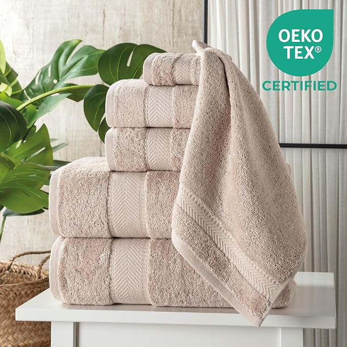100% Turkish Cotton 6 Pcs Bath Towel Set, Luxury Bath Towels for Bathroom, Soft & Absorbent Bathroom Towels Set (2 Bathtowels, 2 Hand Towels, 2 Washcloths)- Beige