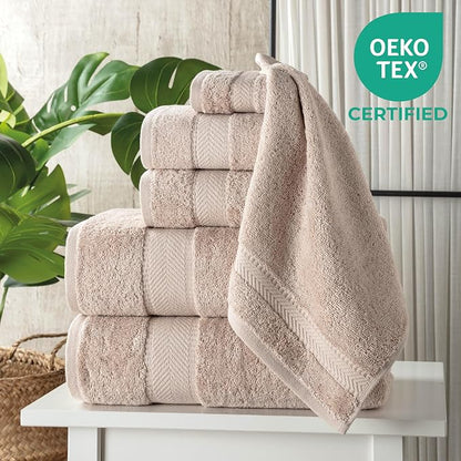 100% Turkish Cotton 6 Pcs Bath Towel Set, Luxury Bath Towels for Bathroom, Soft & Absorbent Bathroom Towels Set (2 Bathtowels, 2 Hand Towels, 2 Washcloths)- Beige
