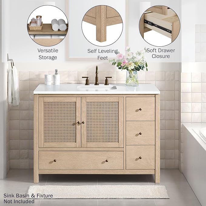 Alaterre Furniture Lucca Bathroom Vanity - Freestanding Cabinet Without Sink - 48 Inch Wood Bathroom Vanity with Large Bottom Drawer, 3 Small Drawers, and Soft-Close Doors (Natural)